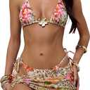 Verdusa Women's 3 Piece Floral Leopard Sexy Halter Bikini Set Summer Swimsuit with Cover Up Skirt (Orange, M)