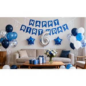 6th Birthday Party Decoration Blue for Boys, Happy Birthday Banner Blue Number 6 Star Foil Balloons Latex Confetti Balloons for Him Boys 6 Years Old Themed Supplies (6th)