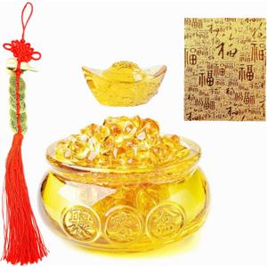 Qiandier Golden Treasure Basin Crystal Glass Figurine Chinese Decor for Home Office