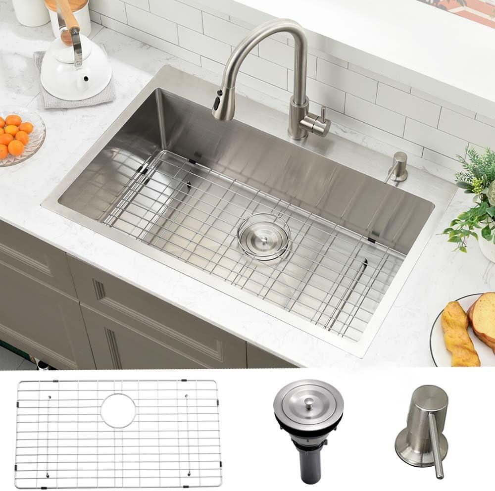 33 Inch Drop In Kitchen Sink-Wesliv 33x22 Stainless Steel Drop In Sink Top Mount 18 Gauge Deep Single Bowl Kitchen Sinks with Dish Grid &Soap Dispenser (Brushed Nickel)