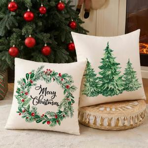 CARRIE HOME Green Christmas Tree & Wreath Throw Pillow Covers 16x16 Set of 2, Farmhouse Christmas Decorations for Couch and Sofa (No Pillow Inserts)