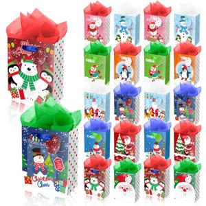 XiaosRen 20Pcs Mini Chirstmas Gift Bags with Tissue Paper and Tag, Small Paper Bags with Handles Assorted Cute Christmas Design for Xmas Holiday Presents Wrapping.