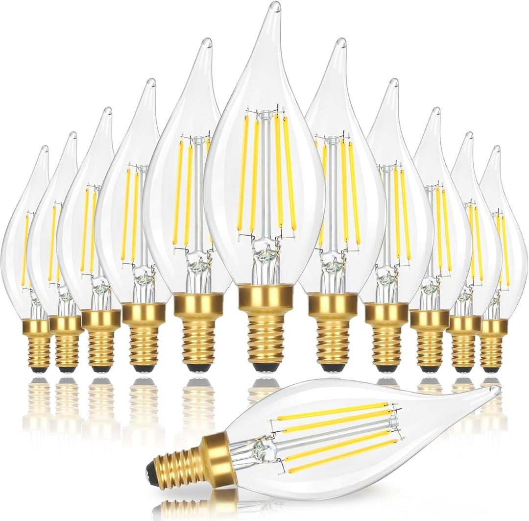 E12 Candelabra LED Light Bulbs, Dimmable 40 Watt Equivalent 5000K Bright Daylight White Candle Bulbs, 4W 460 LM Decorative CA10 Filament Chandelier Lamp Base for Bedroom Living Room Office, 12-Pack