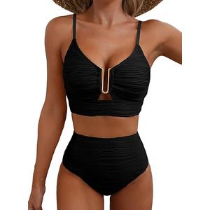 Herseas 2 Piece Bikini Set U-Wire Cutout Popular Swimsuit High Waisted Textured 2026 Summer Beach Swim Bathing Suits, Large
