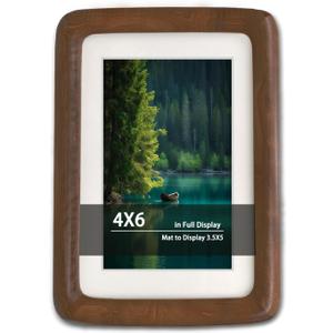 4x6 Picture Frame with Mat to 3.5x5, Natural Dark Walnut Wooden Handcrafted Frame Rounded Corner with Real Glass, Vertical or Horizontal Display for Photo Wall & Tabletop