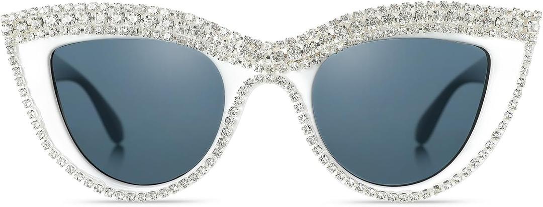 YOGFIT Rhinestone Sunglasses for Women Men Cat Eye Sparkle Crystal Fashion Sunglasses with UV Protection (White)