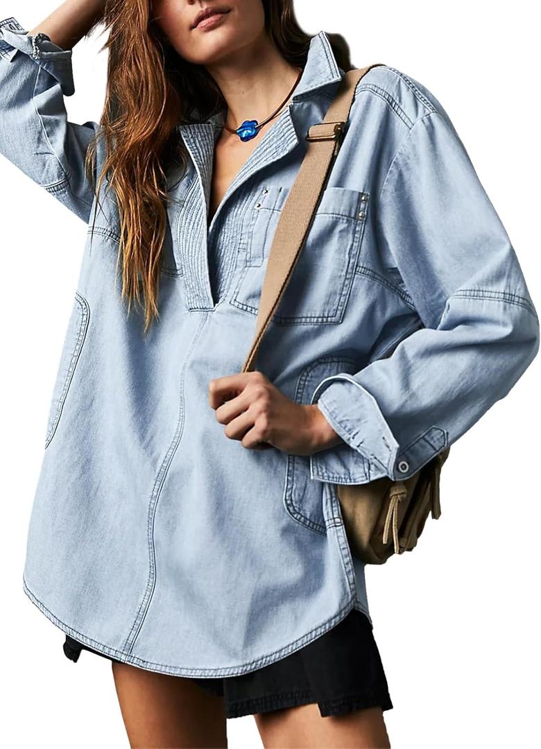 Fazortev Women's Denim Pullover Casual Button V Neck Blouse Loose Fit Long Sleeve Jean Jacket With Pocket (XX-Large, Light Blue)