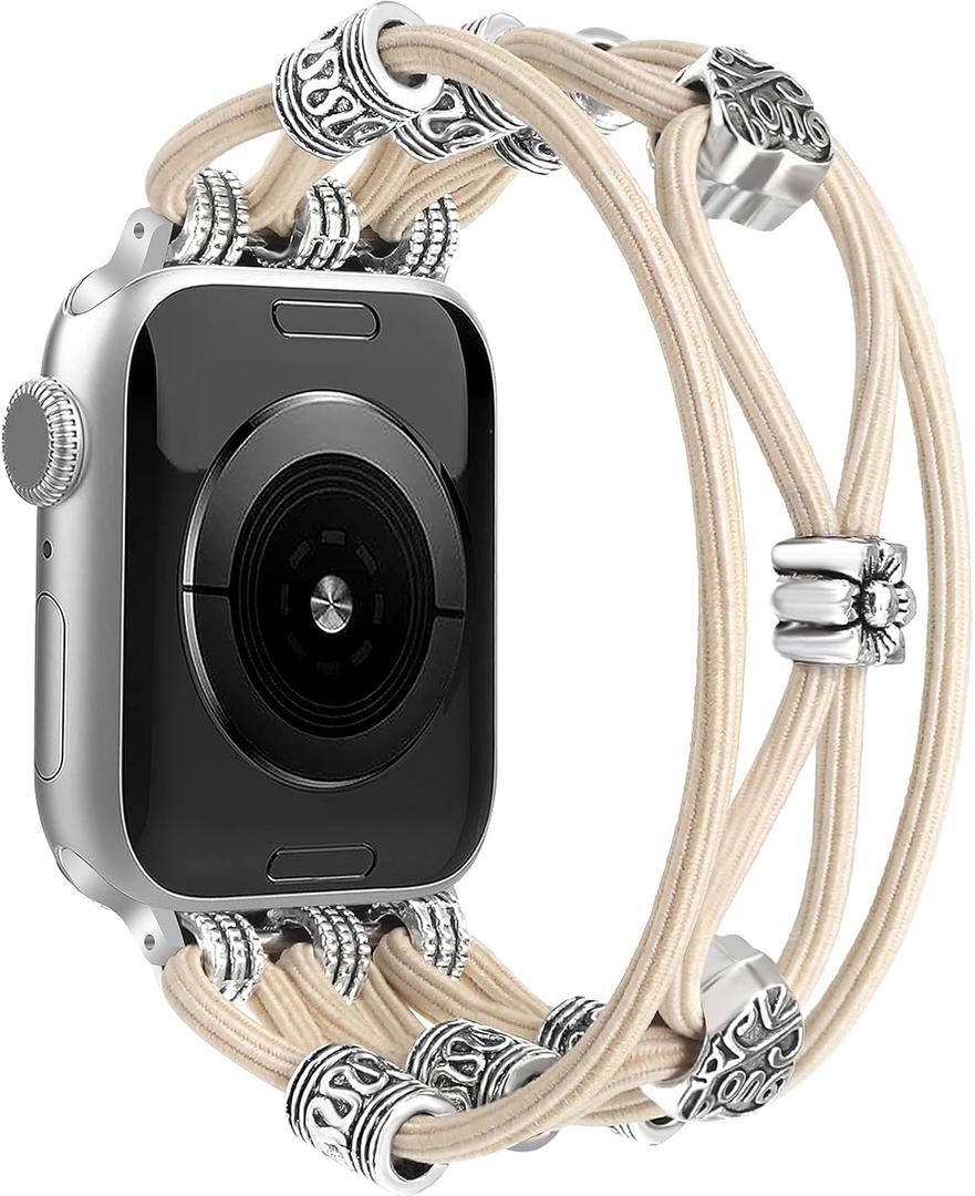 Newlibery Beaded Bracelet Compatible with Apple Watch Band 41mm 38mm 44mm 42mm 45mm 46mm 49mm Women Boho Braided Solo Loop Nylon Stretchy Dressy Strap for iWatch Serie11/10/9/8/7/6/5/4 SE 3/2/1 Ultra