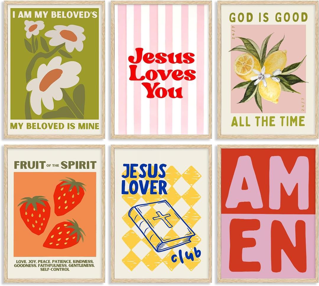 Trendy Christian Wall Art Colorful Scripture Pictutres Wall Decor Jesus Loves You Religious Quotes Posters Maximalist Bible Verse Florals Preppy Painting Print Artwork for Dorm Apartment, Unframed (10L''X8W'')
