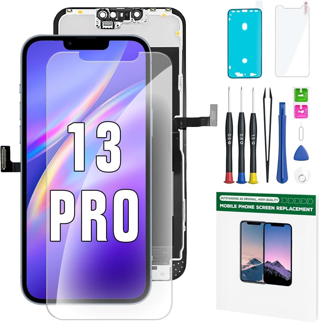 iPhone 13 Pro Screen Replacement Kit 6.1'' LCD Display 3D Touch Screen Digitizer Full Assembly Repair Kits Waterproof Frame Sticker+Screen Protector for A2483 A2636 A2638 A2639 A2640