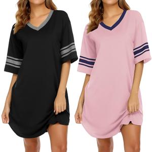 Ekouaer Nightgowns for Women 2 Pack Sleepshirts Short Sleeve Nightshirt V Neck Sleepwear Casual Pajama Dress (M)