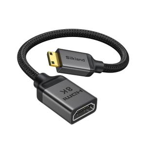 Silkland 8K 4K Mini HDMI to HDMI Adapter 2.1, [8K@60Hz,4K@240Hz 144Hz 120Hz] Mini HDMI Male to HDMI Female 48Gbps, Compatible for Cameras,Camcorders, Tablets, Laptops, HDTVs, Raspberry Pi Zero, 0.5FT
