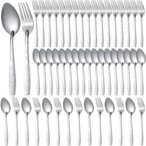 50 Pcs Forks and Spoons Silverware Set Stainless Steel Flatware Cutlery Set Heavy Duty Metal Spoons and Forks for Kitchen Utensil Dinner Restaurant Home, Mirror Polished, Dishwasher Safe(Flower)