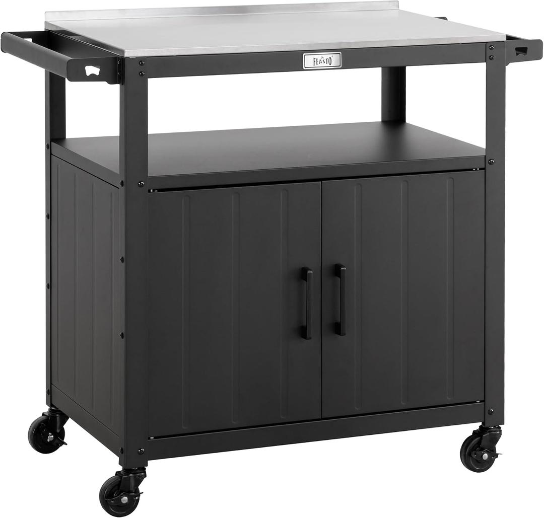 Feasto Outdoor Grill Cart with Stainless Steel Tabletop and Storage Cabinet, Movable Kitchen Island with Wheels for BBQ Food Prep, Black
