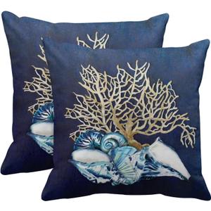 Emvency Throw Pillow Cover Blue Seashore Indigo Ocean Coral Seashells Beach House Gray Coastal Decorative Pillow Case Home Decor Square 20 x 20 Inch Pillowcase