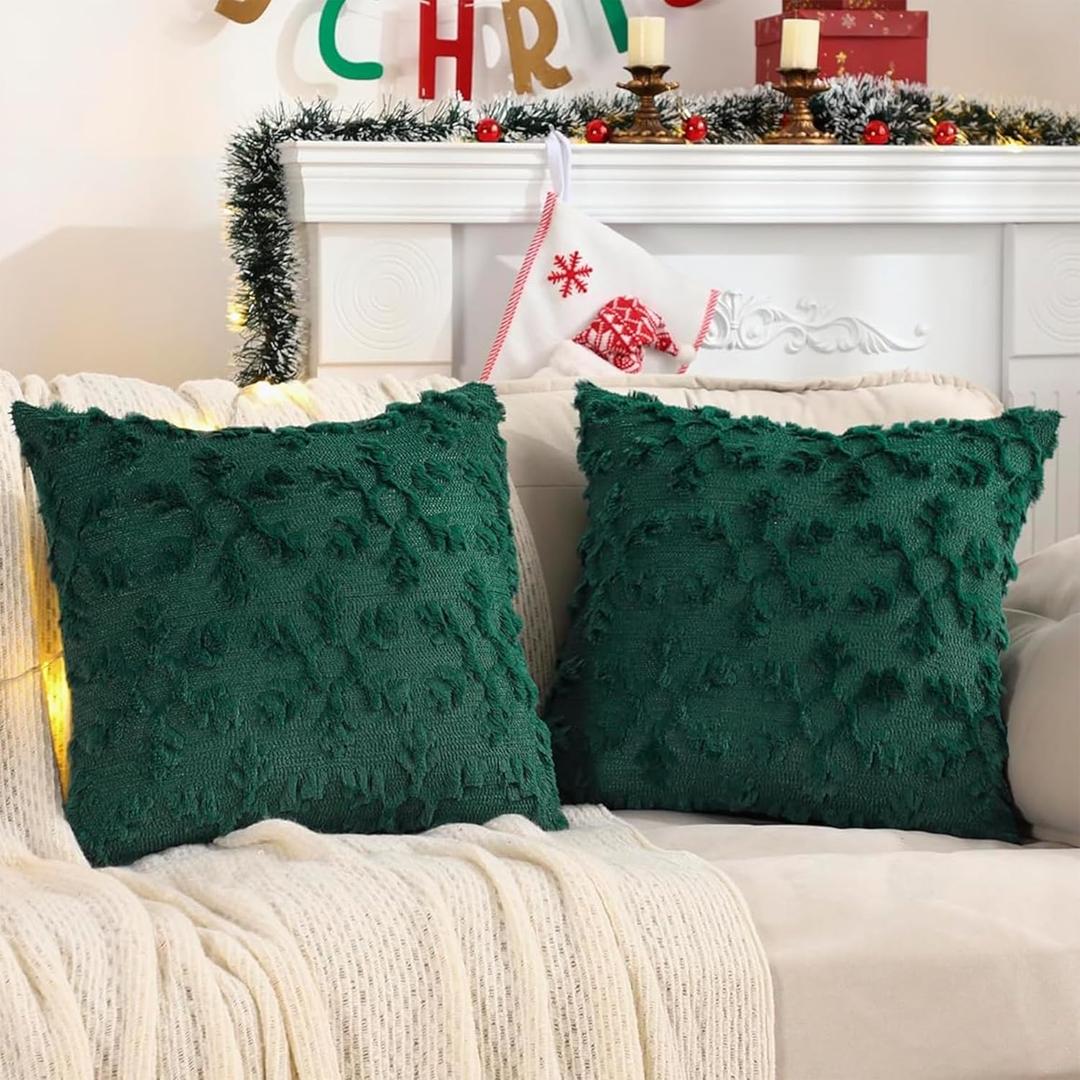 Tosleo Christmas Throw Pillow Covers 18x18 Set of 2 Christmas Decoration Xmas Snowflake Pillow Covers Soft Plush Faux Wool Jacquard Pillowcases Holiday Festivals Winter Home Decor, Dark Green