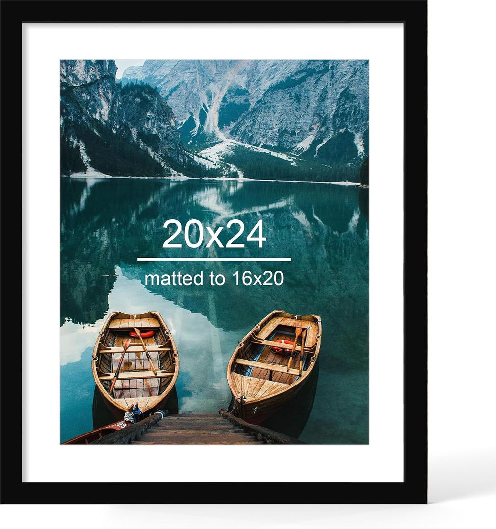 Hongkee 20x24 Picture Frame, Black Wood Style, Wall Mounting | Display Posters 16 x 20 with Mat or 20 x 24 without Mat, 1 Pack for Photos, Artwork; Fits Home, Office & Gallery Wall Decor