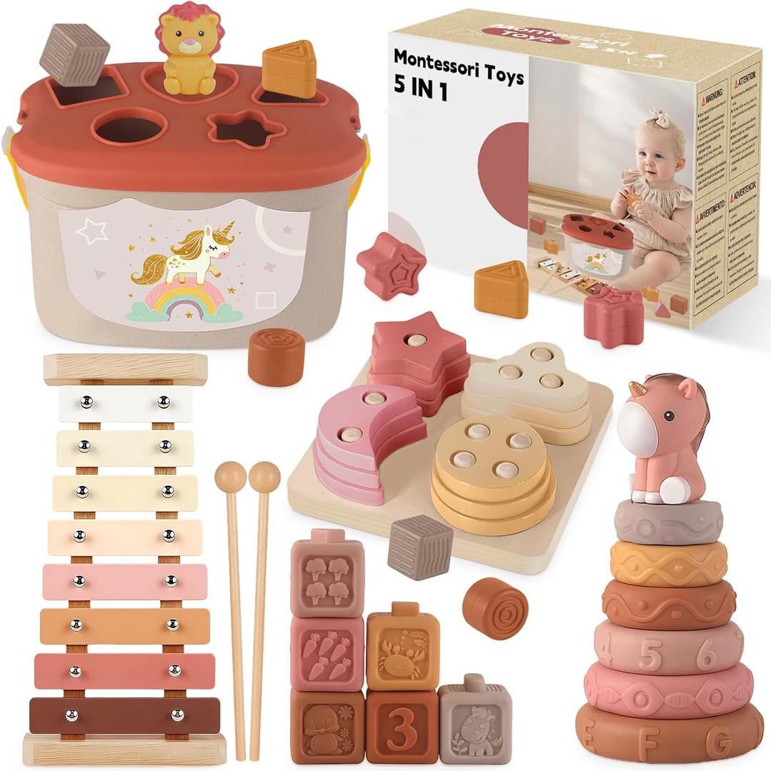 Montessori Toys for 6-12 Months, Baby Toys 6-12-18 Months with Montessori Baby Blocks Toy, Shape Sorting Baby Development Toys for 6+ Month Girls Boys Birthday Chiristmas Gifts (Colorful)