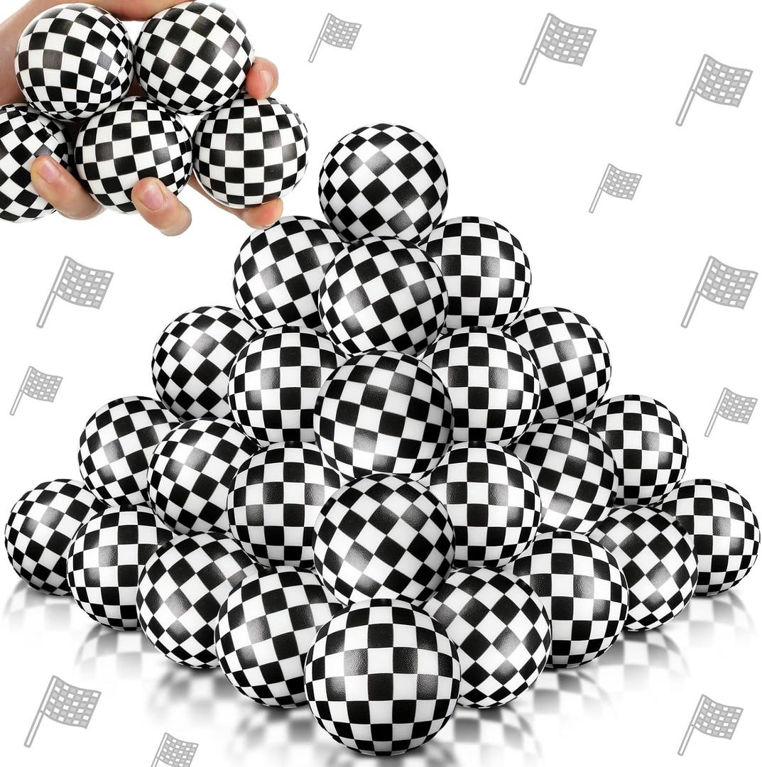 Soulchen 24 Pcs Race Cars Party Favors 1.97'' Stress Balls Black and White Checkered Sensory Fidget Toys Gifts for Kids Squeeze Anxiety Fidget Sensory Balls Birthday Party Favors Supplies