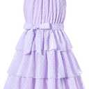 Move Dance Girls Halter Neck Dress Summer Flared A-Line Swiss Dot Chiffon Sundress 6-13 Years Old (Purple)
