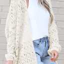 Mafulus Women's Crochet Cardigan Kimono Boho Long Sleeve Lightweight Soft Oversized Open Front Knitted Sweater (White, M)