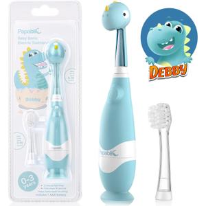 Papablic Toddler Sonic Electric Kids Toothbrush for Ages 1-3 Years, Baby Electric Toothbrush with Cute Dino Cover and Smart LED Timer, 2 Brush Heads (Debby)