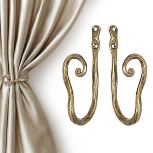 BEGINS 2-Pack Hand-Forged Curtain Holdbacks - Heavy Duty Curtain tiebacks wall Mounted, Vintage Black Metal Curtain Hooks for Drapes for Living Room & Bedroom (Gold)