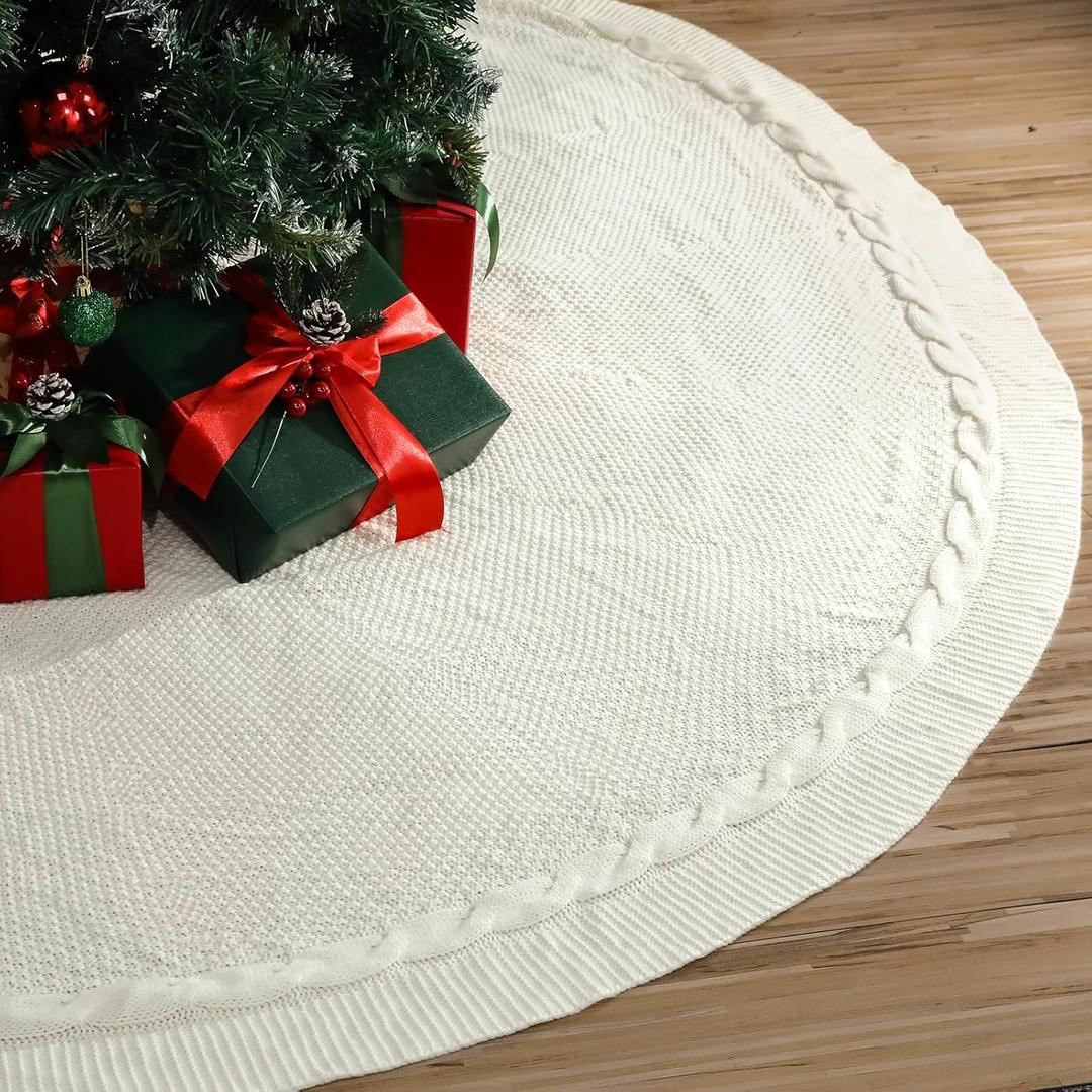 72 Inch Christmas Tree Skirt Extra Large White Chunky Xmas Knitted Tree Skirt Giant Cable Knit Thick Rustic Farmhouse Xmas Ornaments for Home Merry Christmas Holiday Winter Party Decorations