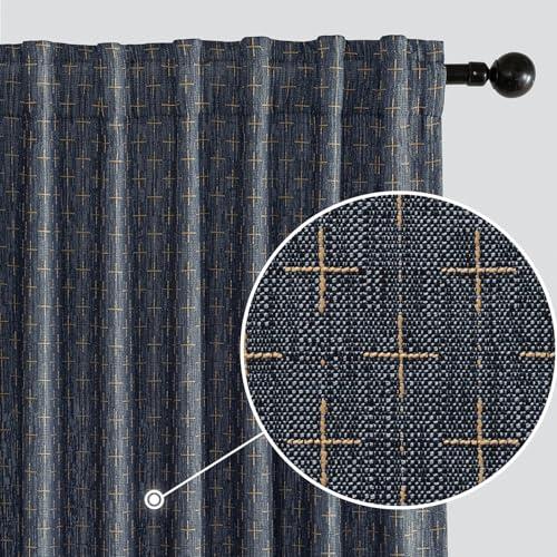 MIULEE Decorative Back Tab Linen Curtains with Geometric Pattern for Living Room Bedroom Farmhouse Rustic Thick Woven Textured Patterned Mudcloth Drapes 90 Inch Long 2 Panels Set, Blue