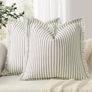 ZWJD Throw Pillow Covers 20x20 Set of 2 Striped Pillow Covers with Fringe Chic Cotton Decorative Pillows Square Cushion Covers for Sofa Couch Bed Living Room Farmhouse Decor (Olive Green)