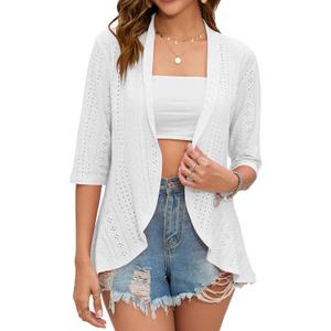 Women's Open Front 3/4 Sleeve Soft Drape Ruffles Cardigan Jacket M