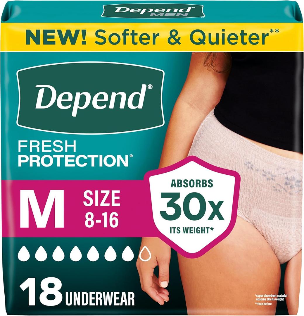Depend Fresh Protection Adult Diapers, Incontinence Underwear for Women, Disposable, Maximum, Medium, Blush, 18 Count