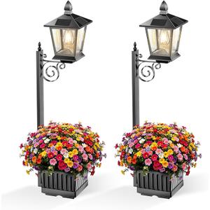2 Pack Outdoor Flower Pots 2 in 1, Metal Solar Lamp Post Lights Waterproof, Solar Post Lights with Planter, Wall Mount or Freestanding, Decoration for Yard Patio Porch Pathway