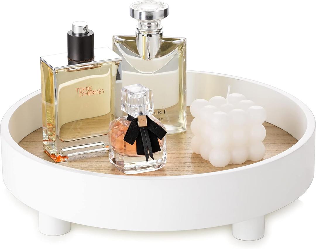 Hanobe Round Decorative Vanity Tray: White Bathroom Perfume Dresser Trays for Women Circle Pedestal Stand Wood Riser for Display Decor