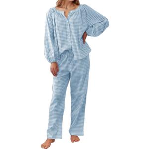 Flygo Womens Gingham Pajama Set 2 Piece Cotton Plaid Raglan Sleeve Button Top Straight Leg Pants Pjs Y2K Lounge Set Sleepwear (Blue, S)