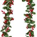 Lvydec Red Berry Garland Christmas Decoration - 5.8ft Artificial Greenery Garland with Red Berries and Holly Leaves for Holiday Fireplace Mantel Table Decorations