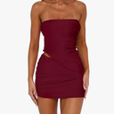 Two Piece Skirt Set for Women Summer Asymmetrical Mesh Strapless Tube Tops Mini Skirt Set Going Out Outfits, (Medium,Solid Wine Red)