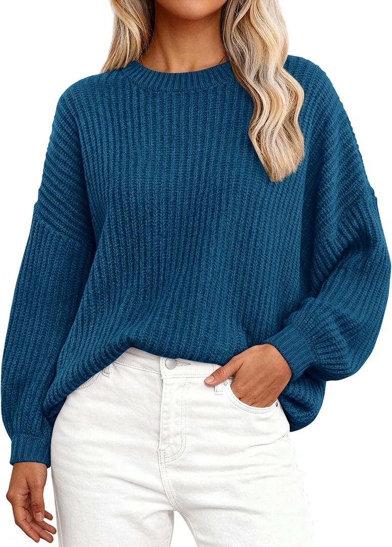 PRETTYGARDEN Women's Fashion Sweater Long Sleeve Casual Ribbed Knit Winter Clothes Pullover Sweaters Blouse Top (Medium, Lake Blue)