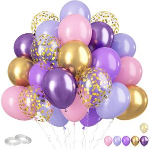Pink and Purple Balloons, 60Pcs Pastel 12 Inch Metallic Gold Confetti Latex Balloons for Girls Birthday Baby Shower Bridal Butterfly Party Decorations