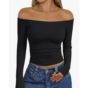 Trendy Queen Womens Long Sleeve Off The Shoulder Tops Going Out Cute Basic Y2K Fall Fashion 2025 Outfits Clothes Size M