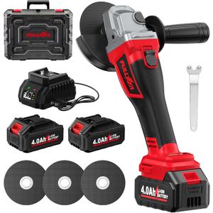 FULLYEA Cordless Angle Grinder 4-1/2", Brushless Metal Grinder 12000 RPM, Power Angle Grinders with 2 * 4.0Ah Batteries & Charger, 3*Cutting Wheels, Electric Angle Grinder Tool Kit for Cutting (Red)