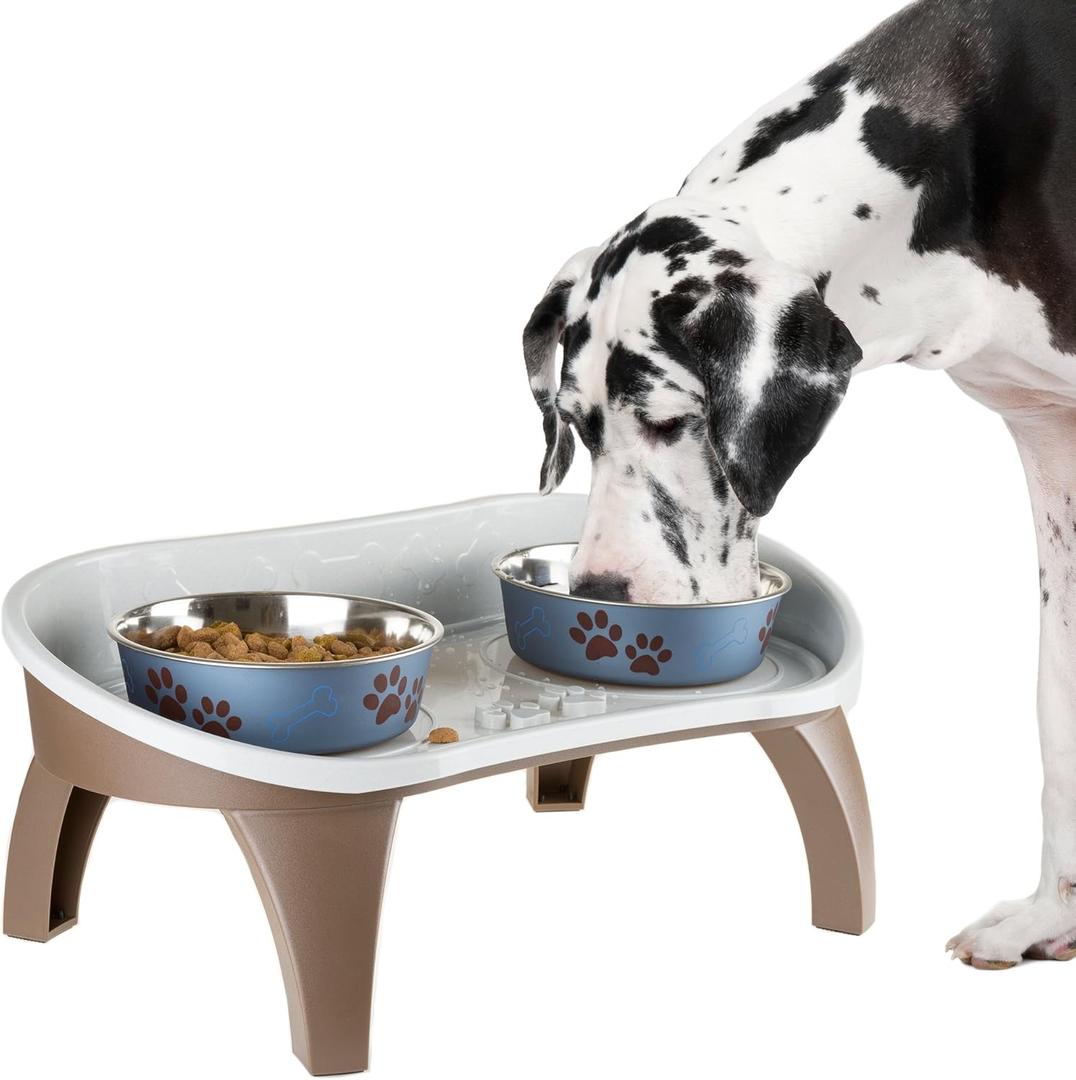 Dog Bowl Stand - 8.5 Inch Tall Feeding Tray for Dogs and Cats, Dog Bowl Stands for Large Dogs with Splash Guard and Non-Skid Feet by Petmaker (Brown)