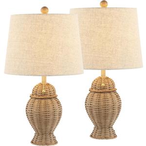 JONATHAN Y 20.5" Natural Wicker Table Lamp Set of 2, Bohemian Rustic Farmhouse Bedside Lamps for Living Room, Nightstand Desk Lamps with Beige Linen Shade, LED Bulbs Included JYL4041A-SET2
