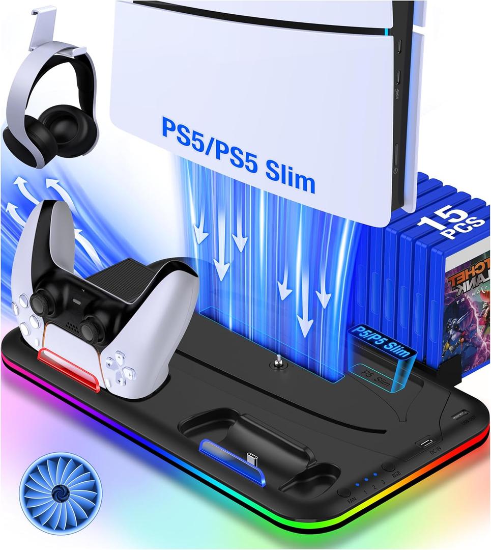 PS5 Stand with Cooling Station and Controller Charging Station for PlayStation 5 Slim Console, PS5 Controller Charger, Cooling Stand, LED Light, Headset Holder for PlayStation 5 Accessories