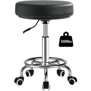 Adjustable Rolling Stool with Wheels Heavy Duty 500lb Round Rolling Stool with Footrest, Patent Leather Drafting Stool Chair with Wheels Work Spa Salon Seat, Black, 22.44 in x 22.44 in x 10.23 in