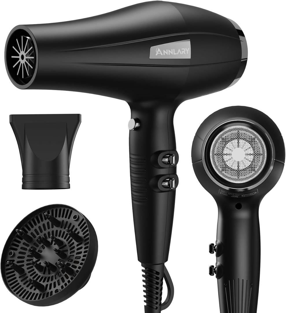 Ionic Hair Dryer with Diffuser, Blow Dryer, Professional 1875W Powerful AC Motor Hairdryer with 8.2Ft Cord for Women & Men, Fast-Drying Blow Dryer with Nozzle for Home, Salon