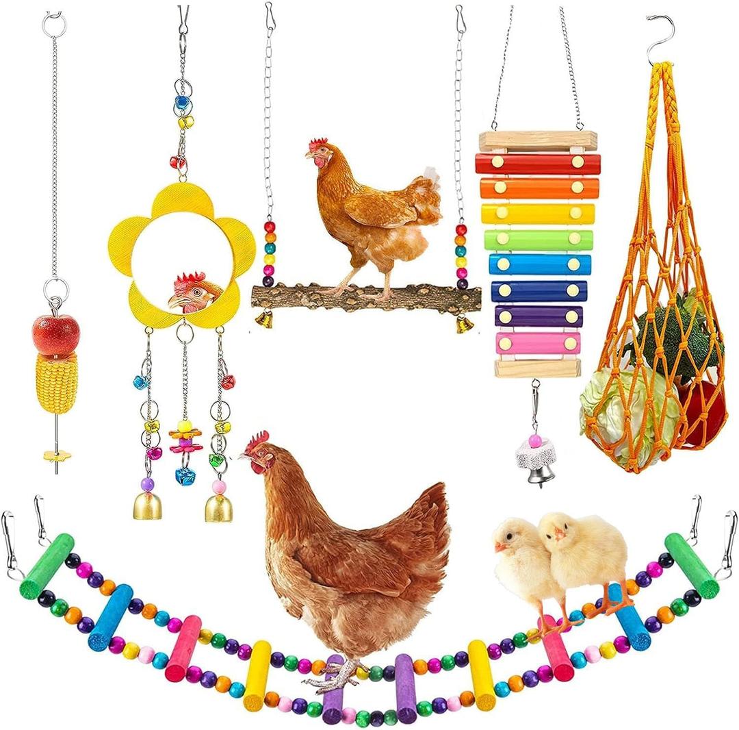 Longer Chain Chicken Toys for Coop Accessories Set of 7, Chicken Swing Ladder Perch roosts, Chicken Xylophone Mirror with Bells Vegetable Fruits Hanging Chicken Feeder for hens Bird Parrot