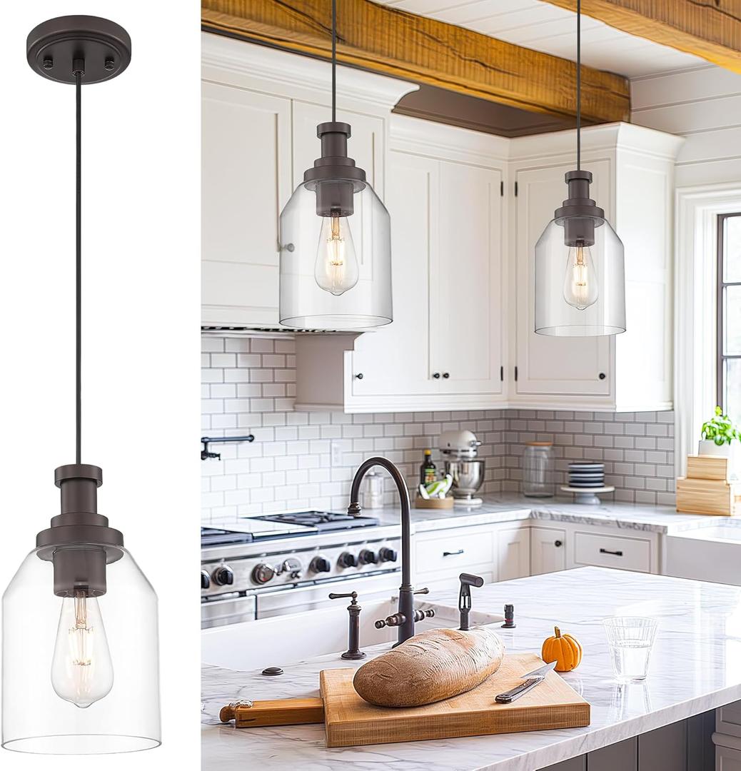 zeyu 1-Light Pendant Light Fixtures for Kitchen Bedroom, Farmhouse Hanging Pendant Light, Clear Glass Shade, Oil Rubbed Bronze Finish, ZG33M1L-L ORB (6.3 Inch | 1 Pack)