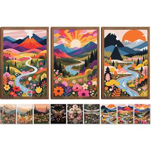 Wood Frame Boho Colorful Wall Art, Set of 3 Abstract Watercolor Mountain Landscape Canvas Wall Decor Painting, Nature Flower Aesthetic Posters＋Set of 9 8x10 Poster for Living Room Bedroom Home 24x16In