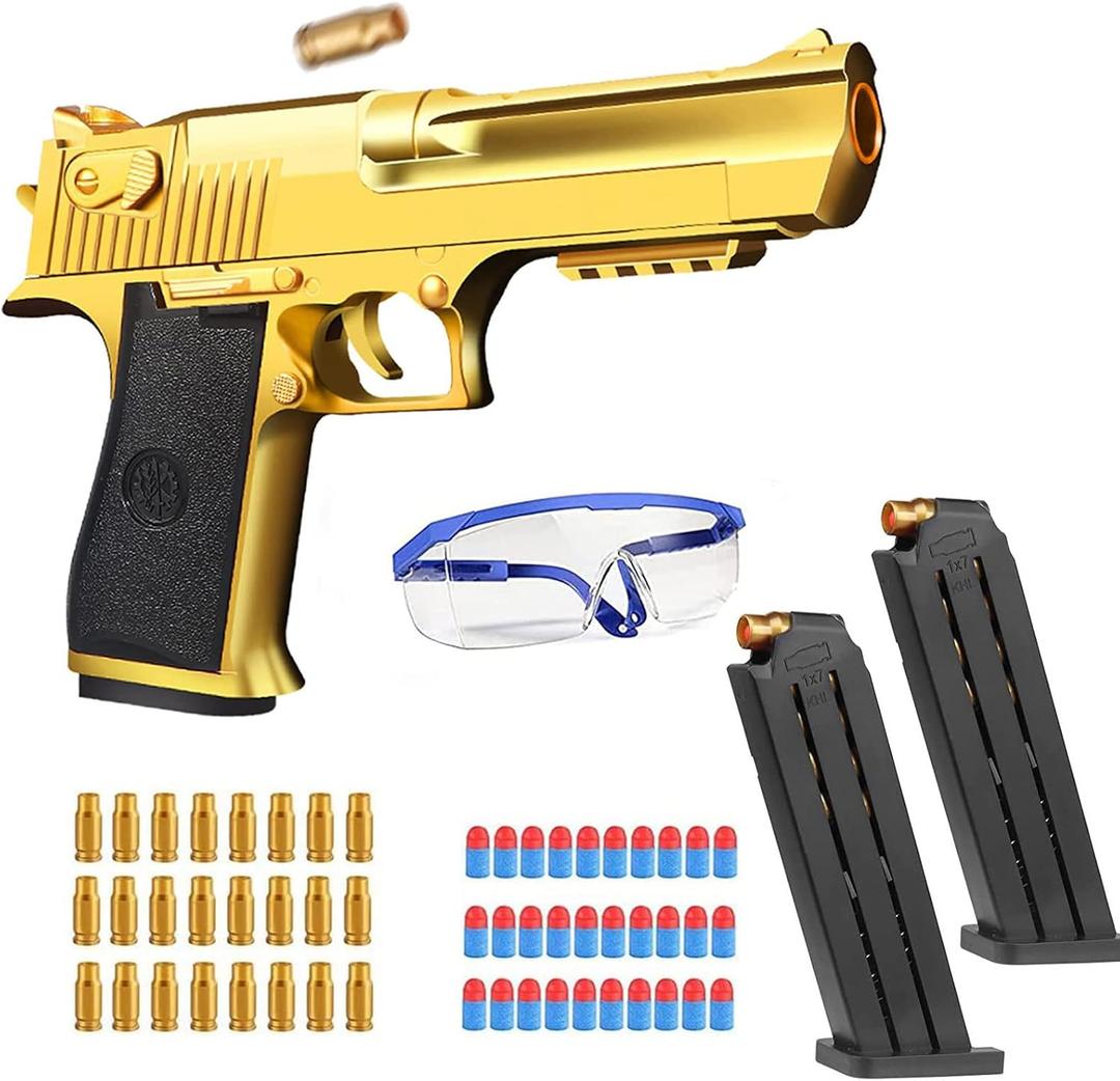 Shooting Toy Pull Back Action Jump Ejecting Magazine Pistol Toys Foam Blaster for 8 Years+ Children Boys & Girls, Gold